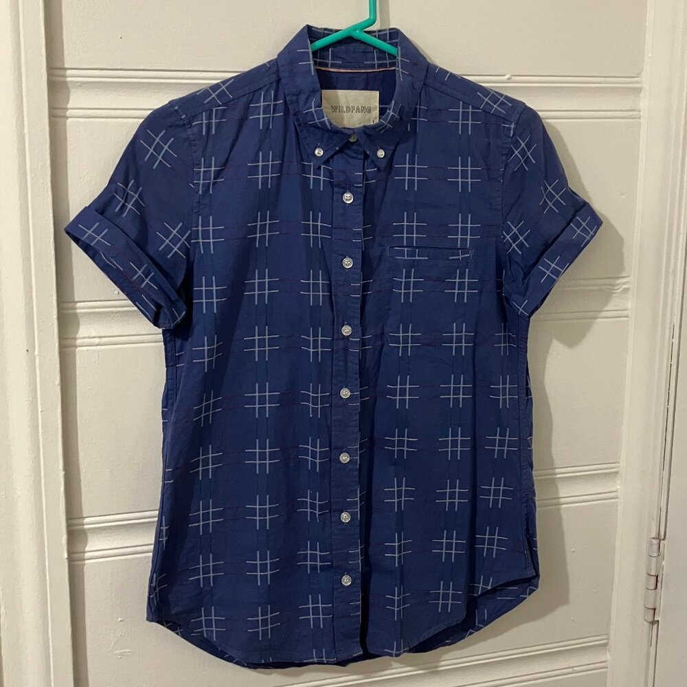 Original Wildfang Blue Hashtag Patterned Shirt with Burgundy highlights